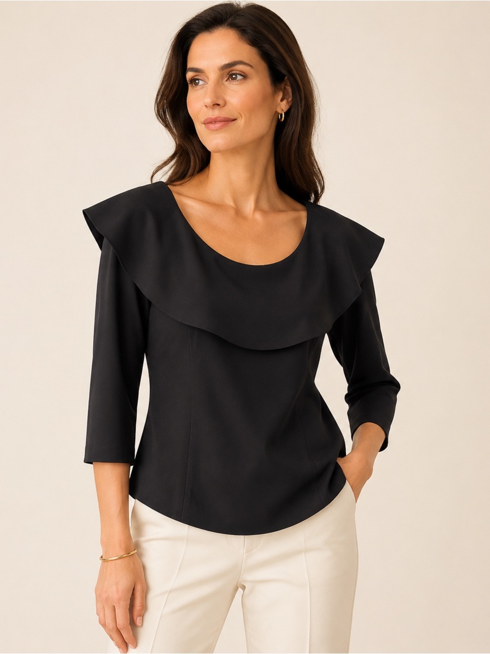 Tom and Linda Platt Black Dramatic Ruffle Collar Blouse 3/4 Sleeve